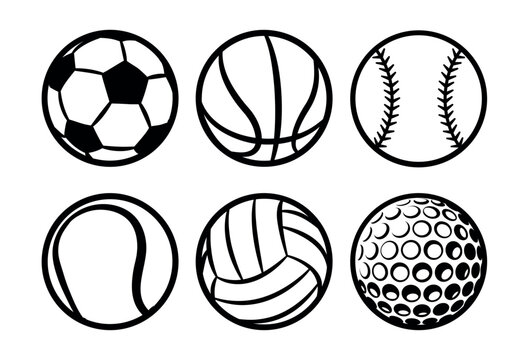 Collection of sports balls black and white vector images. Silhouette graphics of football, soccer, baseball, basketball, bowling, snooker, volleyball, tennis and golf.