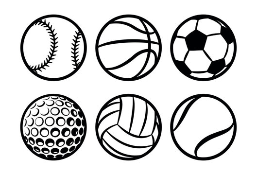 Set of sport balls black and white vector images. Silhouette graphics of sports ball like football and soccer ball, baseball, basketball, bowling, snooker, volleyball, golf and tennis.
