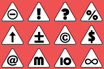 Set of black icons in triangle on red background. Vector illustration. Information signs, triangular icons, warning signs