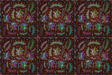 Seamless pattern with interesting doodles on colorfil background. Pano.