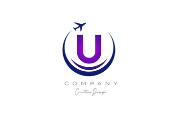 U alphabet letter logo with plane for a travel or booking agency in purple. Corporate creative template design for company and business