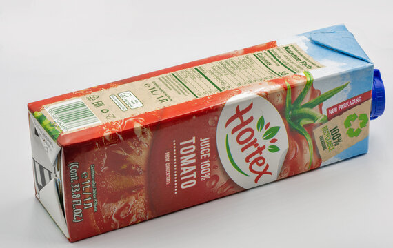 Hortex tomato juice package closeup on white.