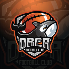 Orca killer whale mascot american football and rugby team logo design vector with modern illustration concept style for badge, emblem and tshirt printing. For sport, gamer, league and esport team.