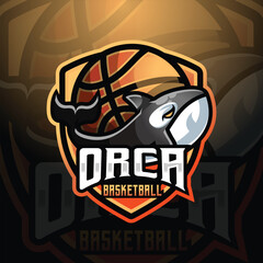 Orca killer whale mascot basketball team logo design vector with modern illustration concept style for badge, emblem and tshirt printing. logo for sport, gamer, streamer, league and esport team.