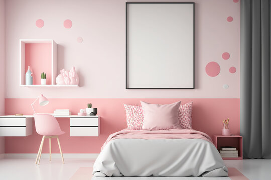 Blank frame on wall in a pink teenager's room. Template for Design. AI generated. Mock Up.