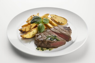 Grilled beef steak and potatoes on plate isolated on white background