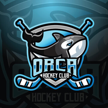 Orca killer whale mascot hockey team logo design vector with modern illustration concept style for badge, emblem and tshirt printing. modern Orca whale shield logo illustration for sport, league
