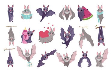 Naklejka premium Cute bats set. Lovely bat character in different situations.Childish prints for apparel, stickers, cards vector illustration