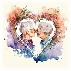 AI Generative watercolor illustration of two gay grandmothers kissing, a mature couple in love