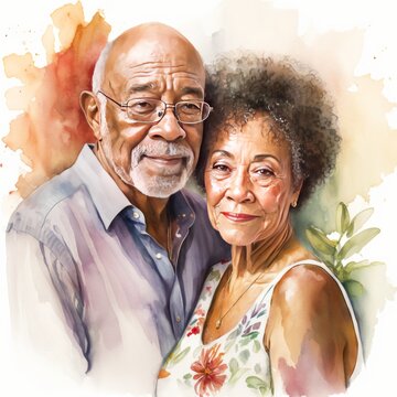 Biracial Couple, Middle Aged Married Man and Woman, Heterosexual, Loving, Sweet, Companionship, Partners, Retired, Pair, Love, Romance, Anniversary, Watercolor Style People [AI Generative]