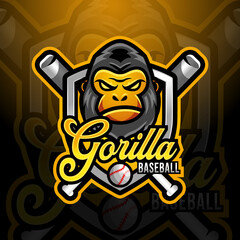 Gorilla ape mascot baseball team logo design vector with modern illustration concept style for badge, emblem and tshirt printing. modern gorilla shield logo illustration for sport, gamer, league