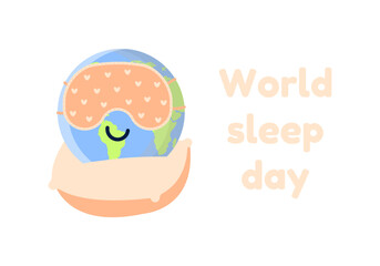 World sleep day. Sleeping planet Earth icon on a pillow and wearing a sleep mask. White background. Vector illustration