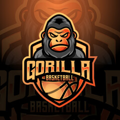 Gorilla ape mascot basketball team logo design vector with modern illustration concept style for badge, emblem and tshirt printing. modern gorilla shield logo illustration for sport, gamer, league