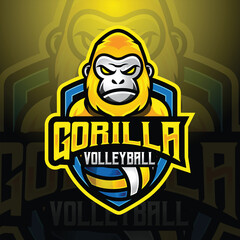 Gorilla ape mascot volleyball team logo design vector with modern illustration concept style for badge, emblem and tshirt printing. modern gorilla shield logo illustration for sport, league