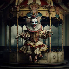 Creepy ghost clown standing in a haunted carousel. Created using ai generative. 