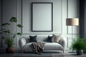 modern living room with sofa, mock up empty poster frame in modern interior background, Generated AI