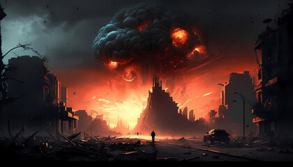 En of the world disaster explosion concept art , apocalypse doomsday , Apocalyptic view , digital artwork , AI