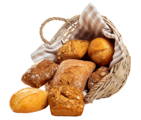 PNG. Basket with rolls from white and dark flour. 