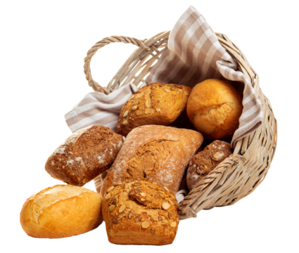 PNG. Basket with rolls from white and dark flour. 