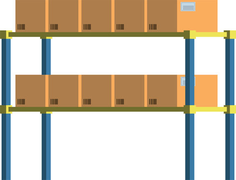 Cartoon warehouse shelves with cargo boxes. Cardboard containers