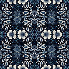 Retro indigo floral bandana 2 tone patterned fabric background. Seamless boho denim blue design. Fashion masculine wall paper. 