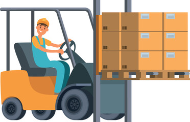Warehouse worker riding forklift with cargo cardboard boxes © ONYXprj