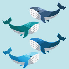 Vector illustration of kawaii cute whale characters. set of characters. Emoticon, mascot, cartoon character of whale, isolated on background