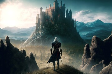A knight standing in a beautiful landscape with a fantasy castle on a mountain in the background, generative ai