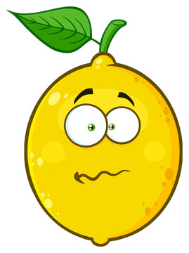 Nervous Yellow Lemon Fruit Cartoon Emoji Face Character With Confused Expression. Hand Drawn Illustration Isolated On Transparent Background
