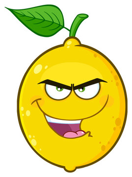 Evil Yellow Lemon Fruit Cartoon Emoji Face Character With Bitchy Expression. Hand Drawn Illustration Isolated On Transparent Background