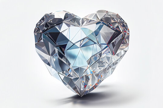 Precious shining heart diamond. Jewelry sparkle gemstone design. Shiny polygonal crystal diamond heart on white background. 3d illustration for valentine, marriage, wedding concept