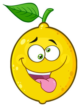 Mad Yellow Lemon Fruit Cartoon Emoji Face Character With Crazy Expression And Protruding Tongue. Hand Drawn Illustration Isolated On Transparent Background