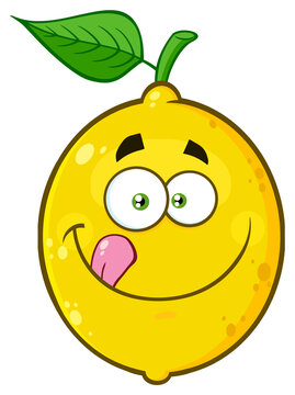 Smiling Yellow Lemon Fruit Cartoon Emoji Face Character Licking His Lips. Hand Drawn Illustration Isolated On Transparent Background
