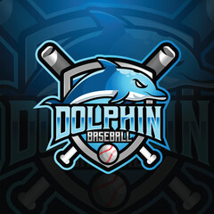 dolphin mascot baseball team logo design vector with modern illustration concept style for badge, emblem and tshirt printing. modern dolphin shield logo illustration for sport, gamer, streamer