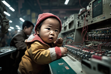 Child labour in electronics industry - a group of asian toddlers with a scared baby in foreground operating devices and machines in a vintage factory, copy space, generative ai - obrazy, fototapety, plakaty