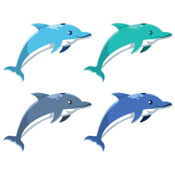 Vector illustration of kawaii cute dolphin characters. set of characters. Emoticon, mascot, cartoon character of dolphin, isolated on white background