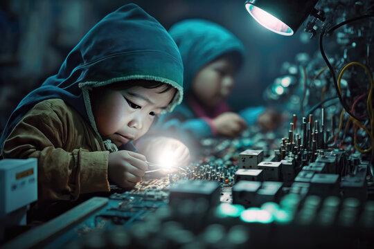 Child labour in electronics industry - a group of asian baby toddlers assembling devices and machines in a vintage factory, generative ai