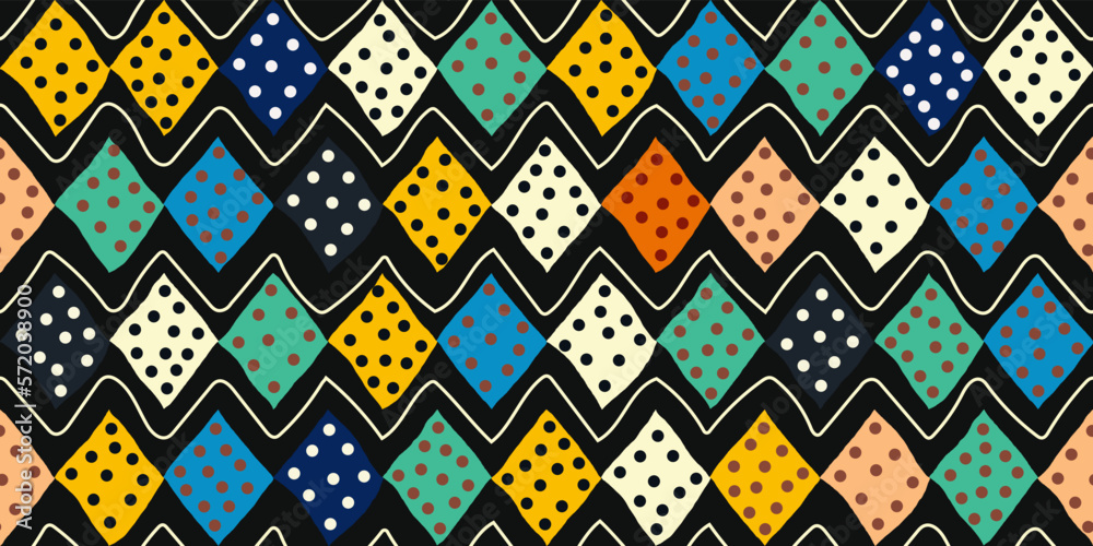 Aufkleber Casual hand-drawn rhombuses with polka dots. Zigzag stripe between rows. Vector print seamless for interior, clothes, notebooks, pillows, design.