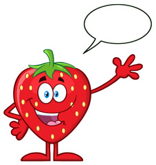 Happy Strawberry Fruit Cartoon Mascot Character Waving For Greeting With Speech Bubble. Hand Drawn Illustration Isolated On Transparent Background