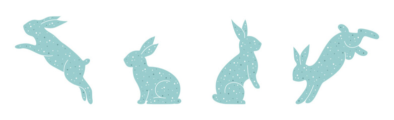 Cute rabbits with dot pattern. Easter bunny set in simple minimalist style. Vector illustration