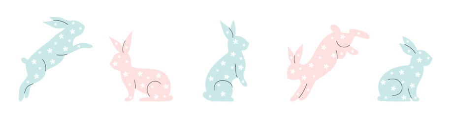 Easter bunny set in simple minimalist style. Cute rabbits with a floral pattern. Vector illustration