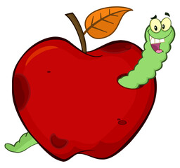 Happy Worm In A Rotten Red Apple Fruit Cartoon Mascot Character Design. Hand Drawn Illustration Isolated On Transparent Background