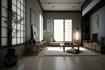 Fototapeta premium Modern japanese living room interior with plants, tv, books and decorated table (made with generative AI)