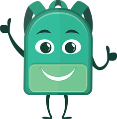 Smiling backpack character. Cartoon happy green bag