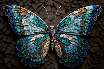 Colorful mosaic butterfly on brown abstract background (made with generative AI)