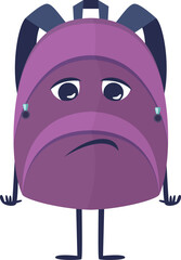 Backpack sad character. Cartoon school emotional mascot