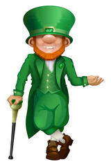 Funny cartoon leprechaun gentleman, a leprechaun in a green velvet hat top hat holds leans on a beautiful old cane with an emerald stone, a symbol of the cheerful Irish holiday of St. Patrick's Day