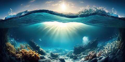 Fototapeta na wymiar Underwater Scene - Tropical Seabed With Reef And Sunshine, GENERATIVE AI