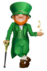 Funny cartoon gentleman leprechaun, leprechaun in a green velvet top hat holds on to a beautiful old cane with emerald stone and juggles gold coins, a symbol of the cheerful Irish holiday of St. Patri