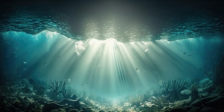Underwater Sea - Deep Water Abyss With Blue Sun light, deep ocean, water life,  GENERATIVE AI